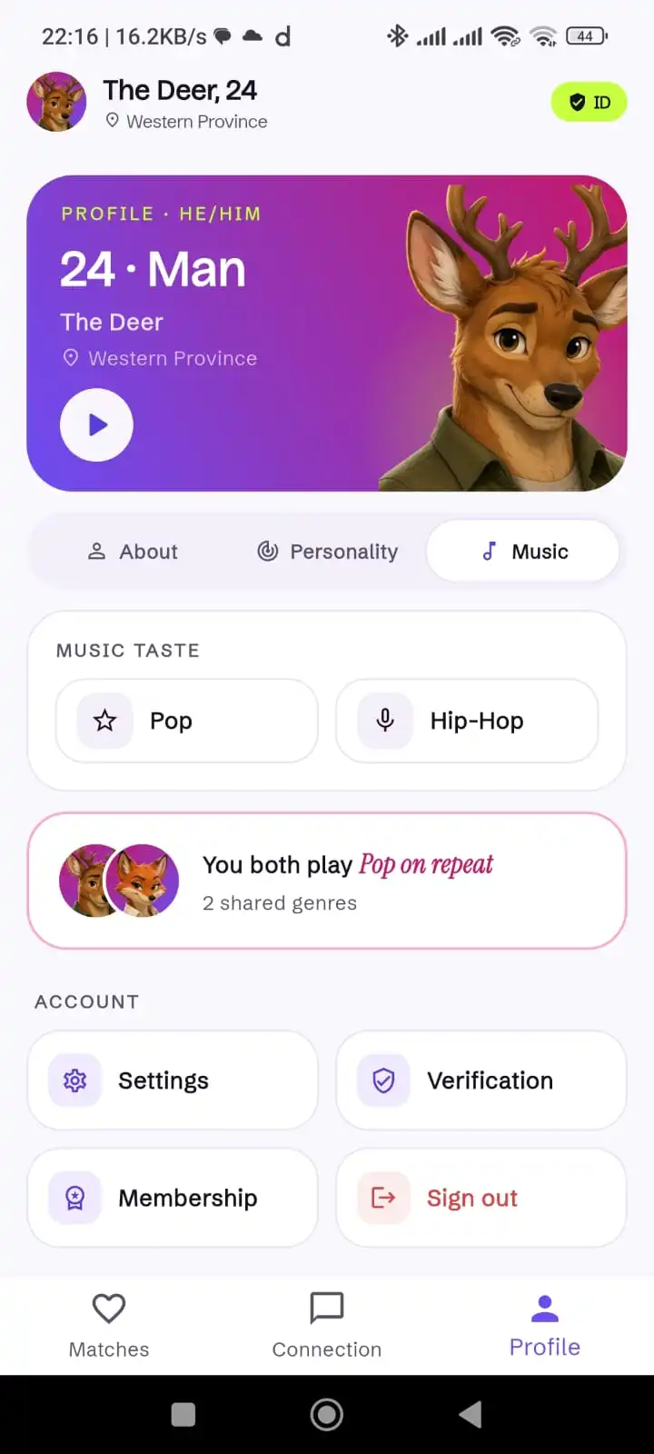 Pearmo music match screen comparing shared music taste