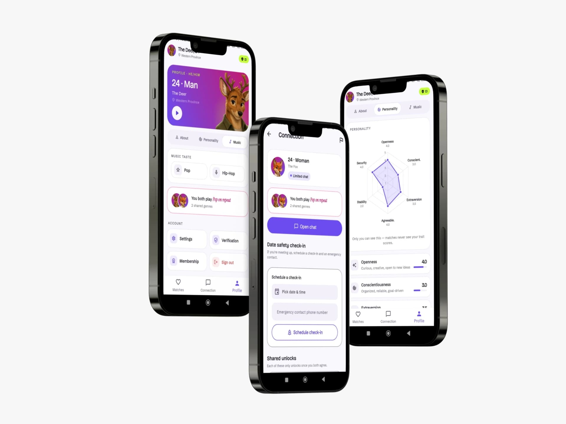Pearmo music match, connection and personality radar screens shown side by side