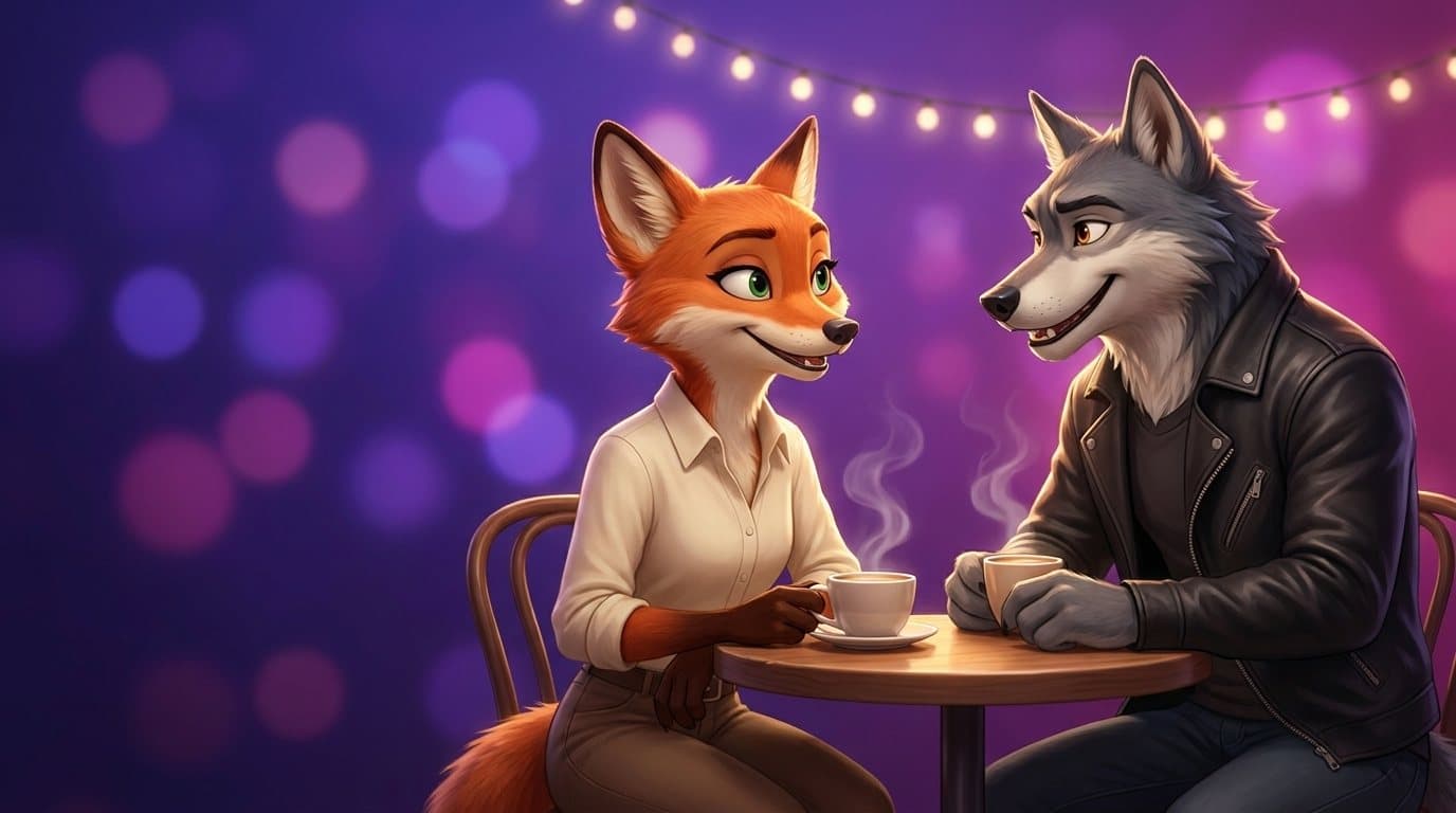 Illustrated fox and wolf avatars sitting across from each other on a cafe date