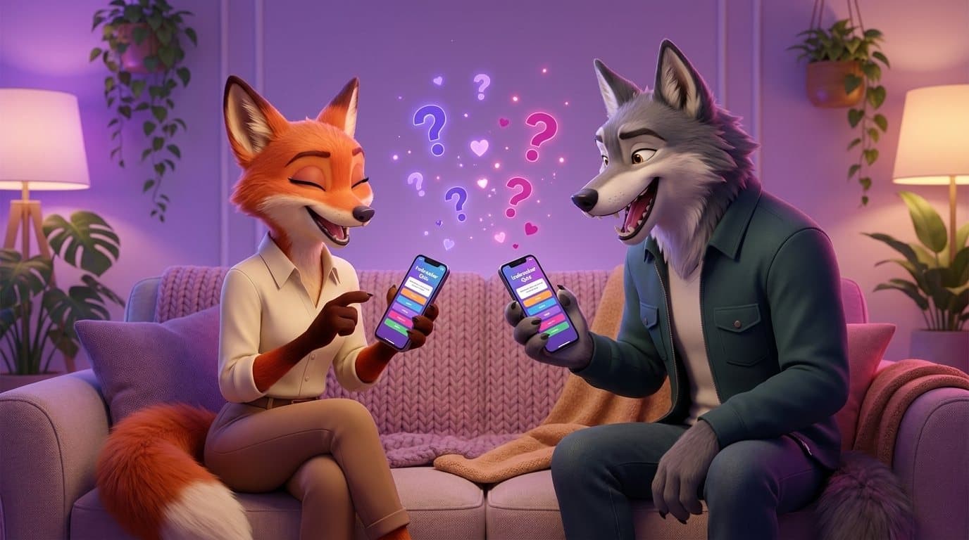 Illustrated fox and wolf avatars playing an icebreaker game together